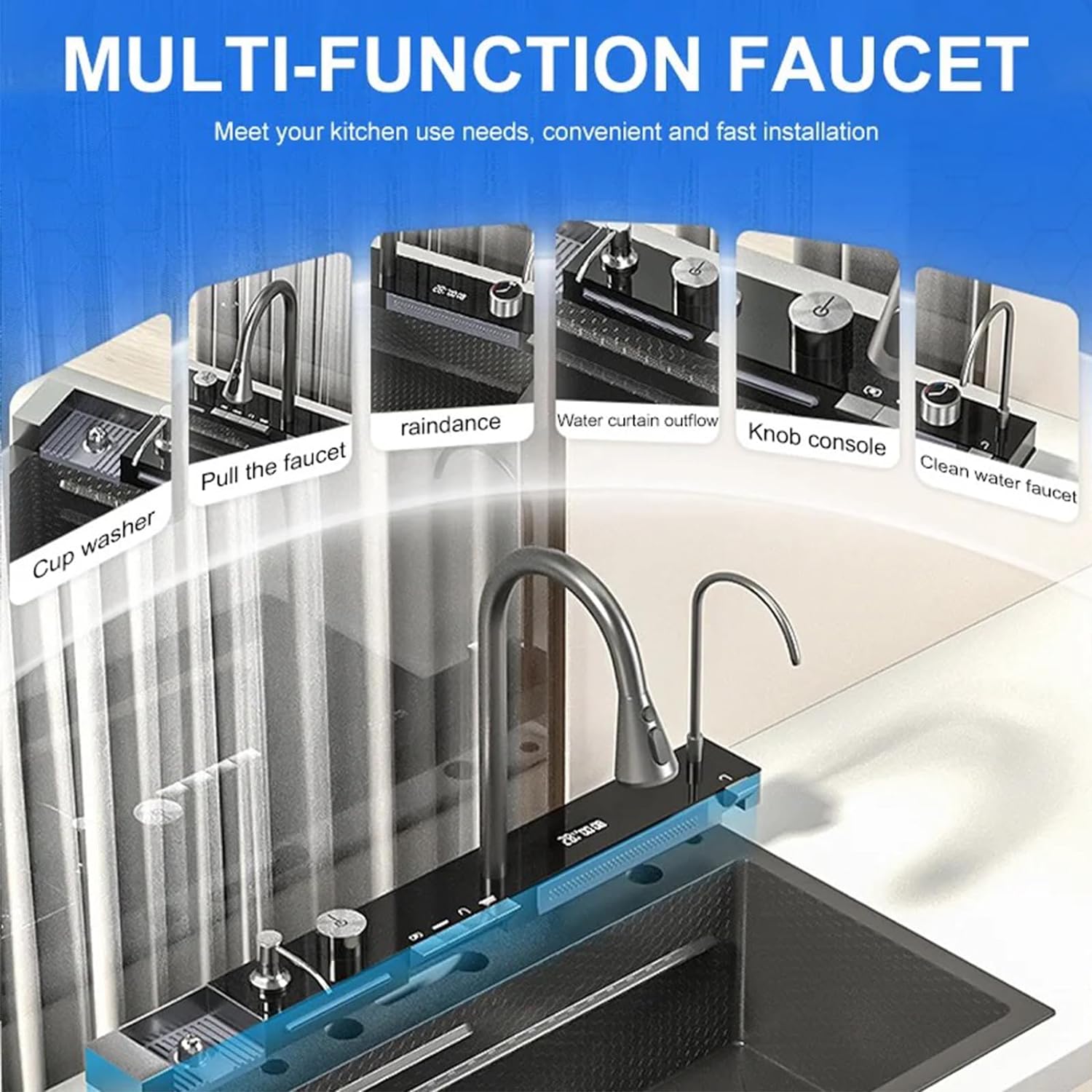 DIGITAL DISPLAY PREMIUM KITCHEN WATERFALL FAUCETS SINK SET