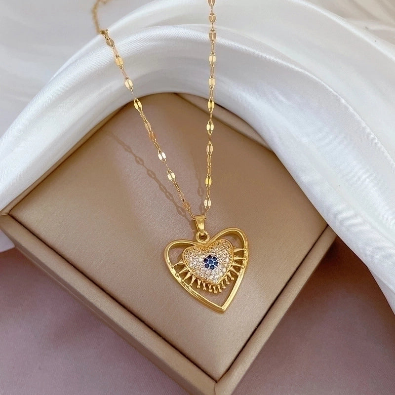 2 Pieces Minimalist Classic Style Geometric Heart Shape Titanium Steel Copper Zircon Pendant Necklace In Bulk