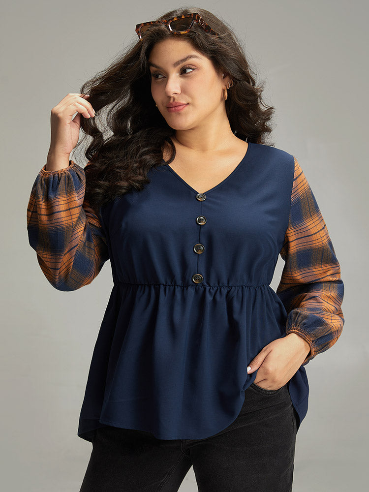 Halloween Plaid Patchwork Button Detail Elastic Waist Blouse