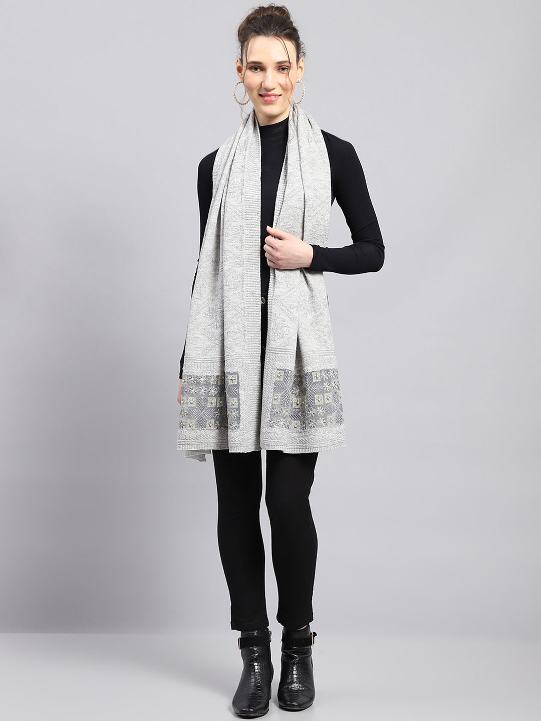 Women Grey Self Design Stole