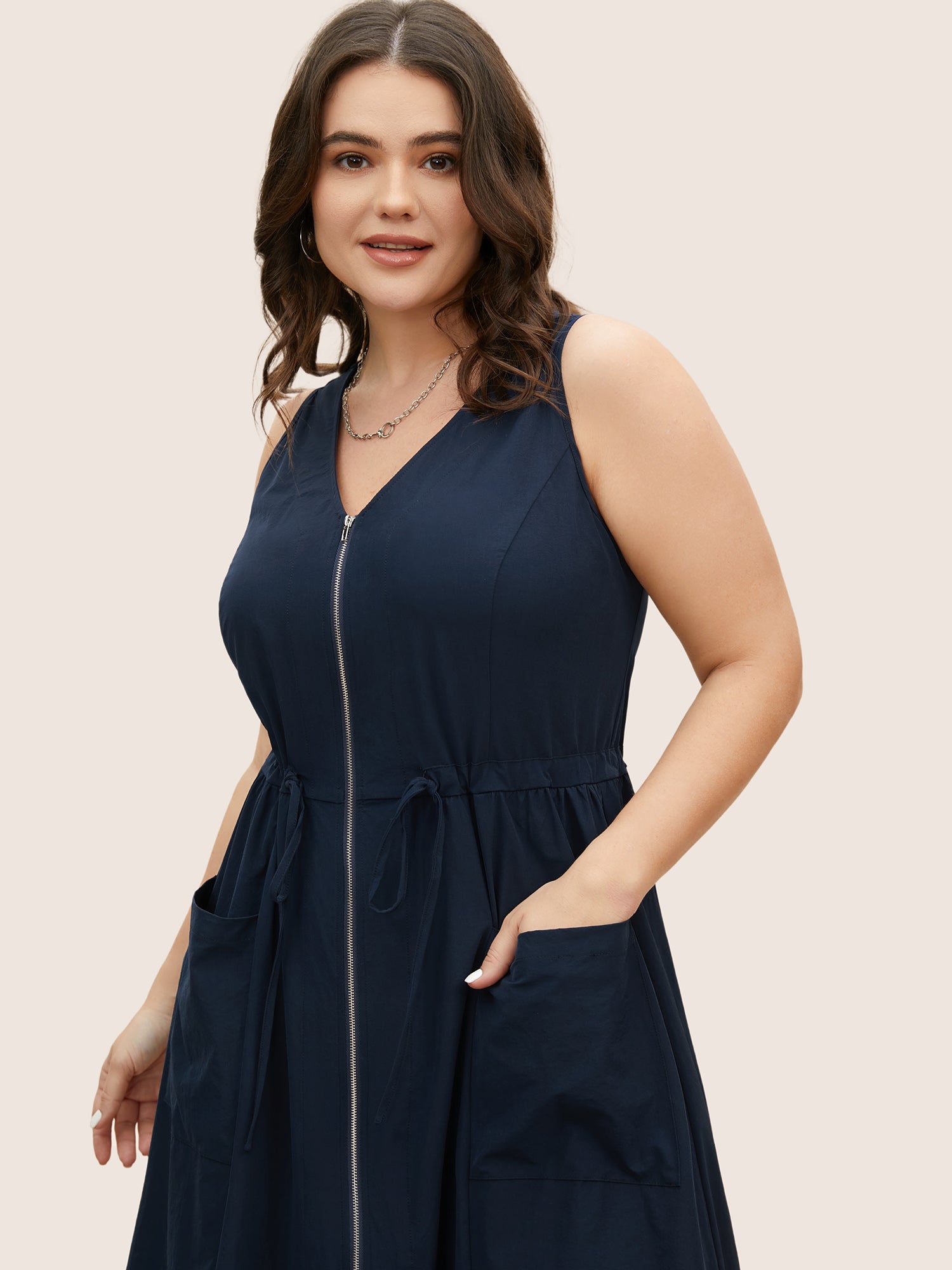 Solid Zip Front Patch Pocket Sleevless Dress