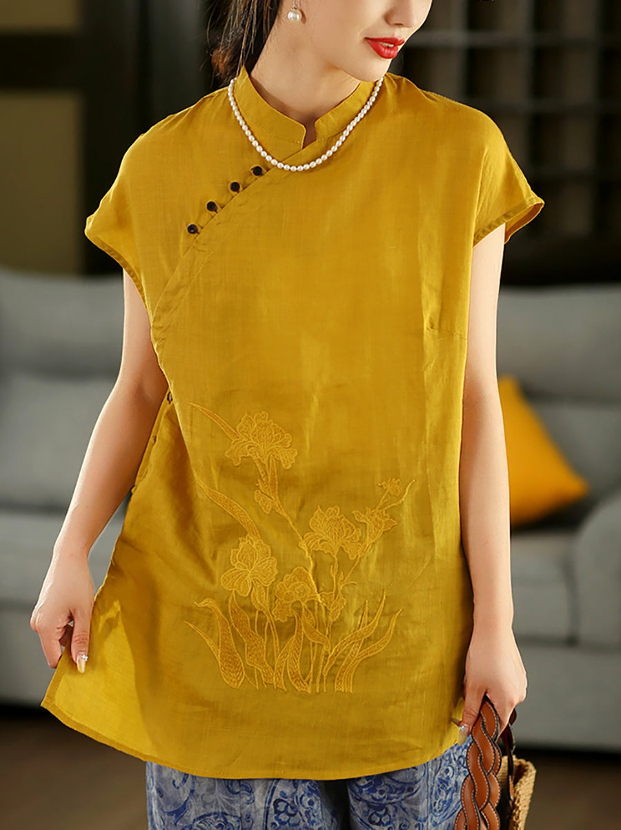 Women Summer Ethnic Flower Embroidery 100%Raime Shirt