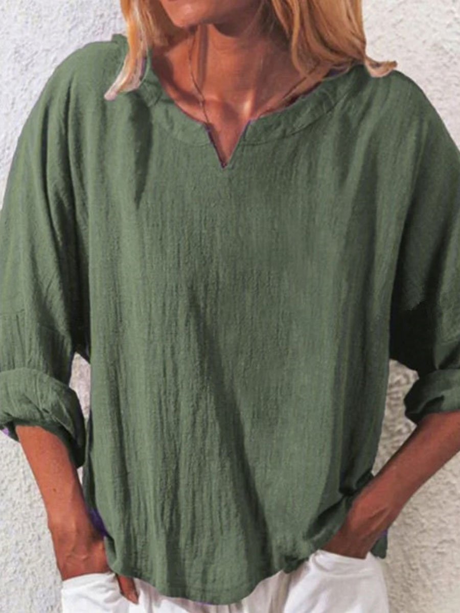 V-neck Casual Loose Solid Color Long-sleeved Blouse