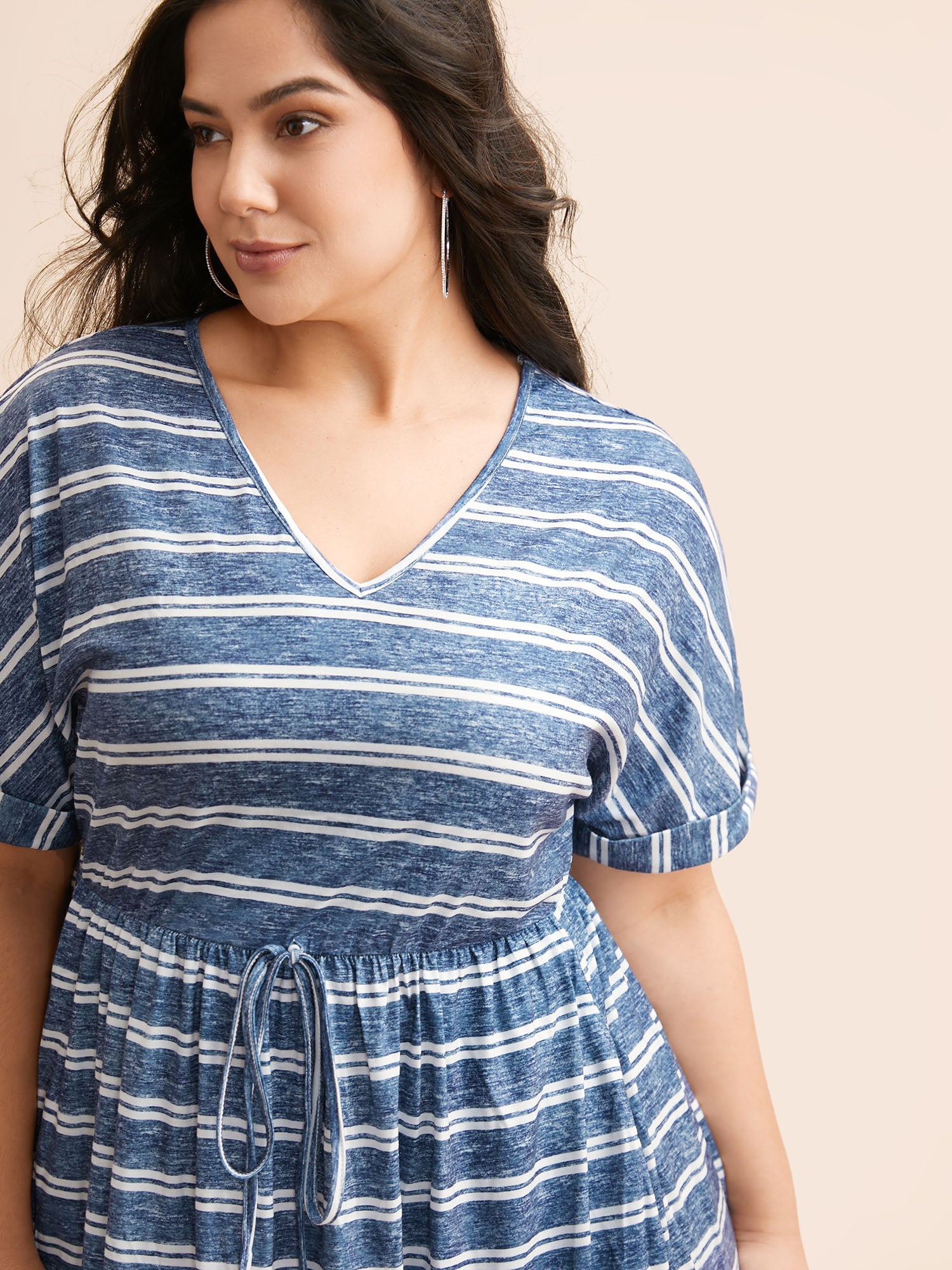 Striped Ties Pocket Roll sleeve Dress