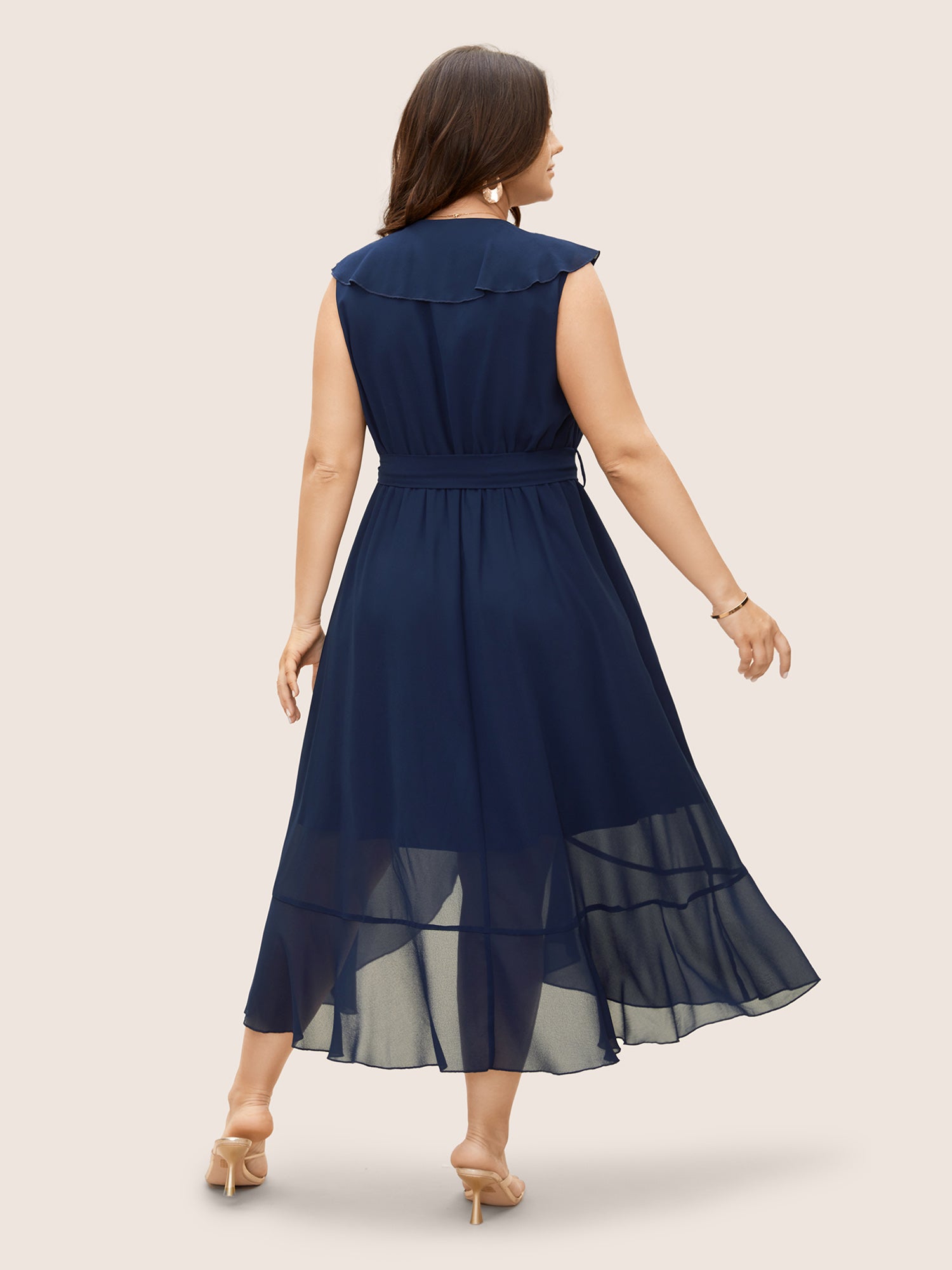 Chiffon Overlap Collar Ruffle Trim Dress