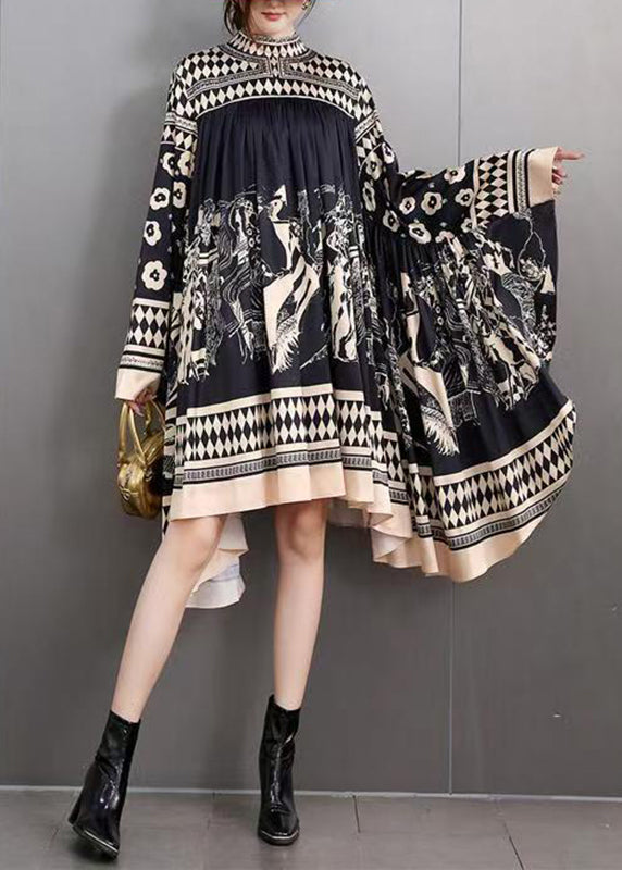 DIY Black Turtleneck Print Cotton Maxi Dresses Batwing Sleeve Fall