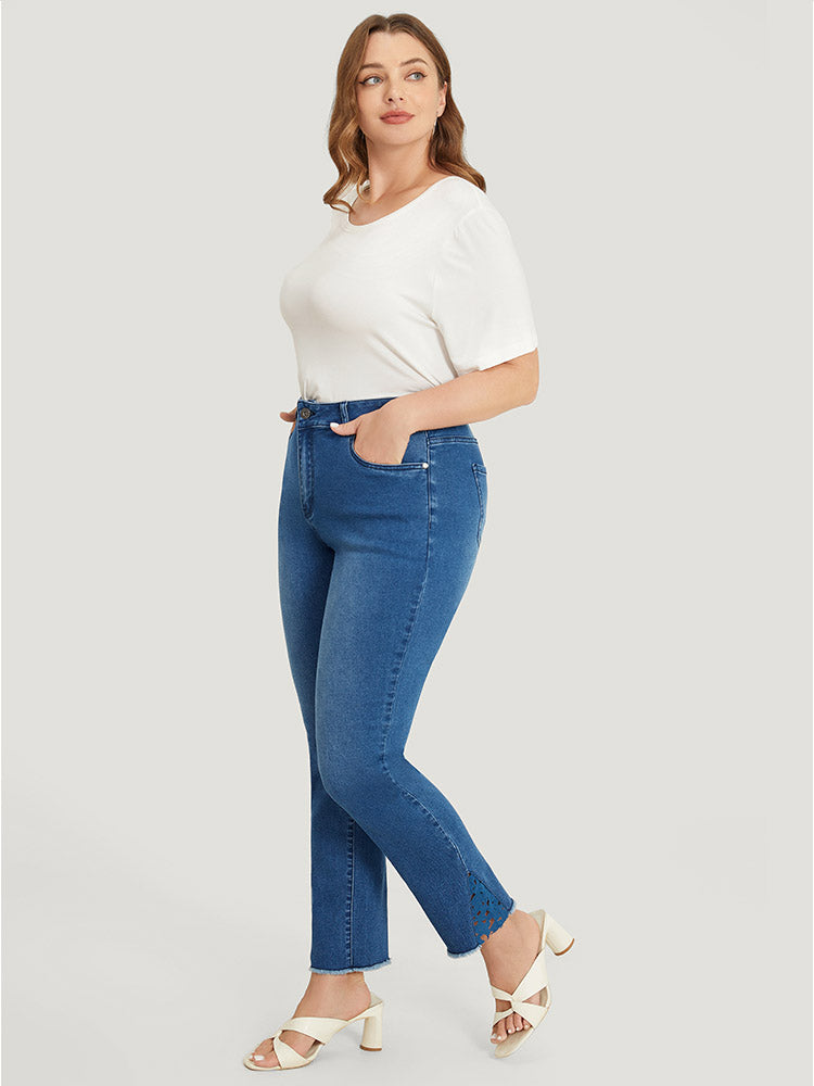 Very Stretchy High Rise Medium Wash Lace Insert Raw Hem Jeans