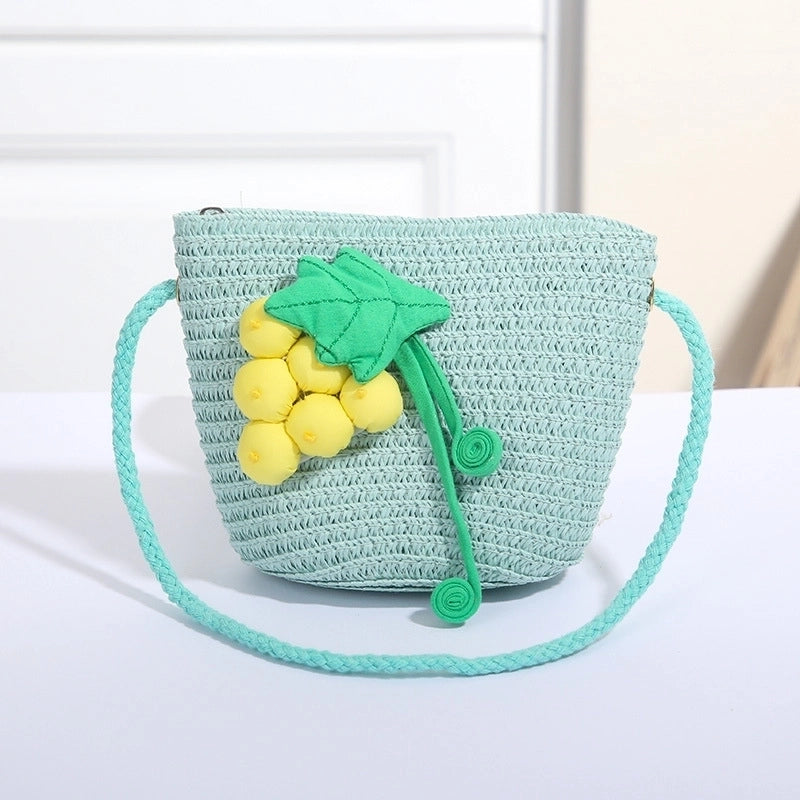Women's Mini Straw Flower Bow Knot Fashion Bucket Zipper Shoulder Bag Handbag Crossbody Bag