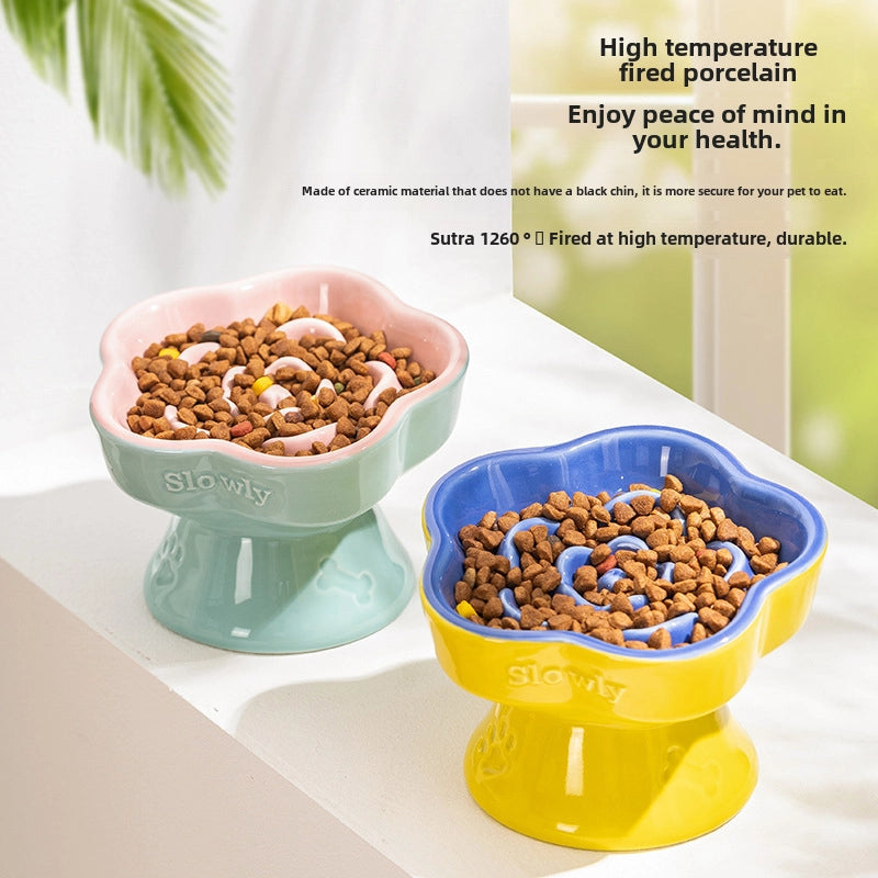 Pet Slow Food Bowl High Foot Ceramic Cat Bowl Dog Bowl Small Dog Cat Anti-choking Slow Food Anti-knock Neck Protection Slant Bowl