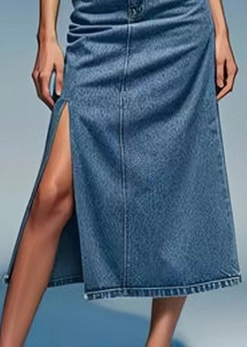 Loose Blue Pockets Side Open Summer Skirts