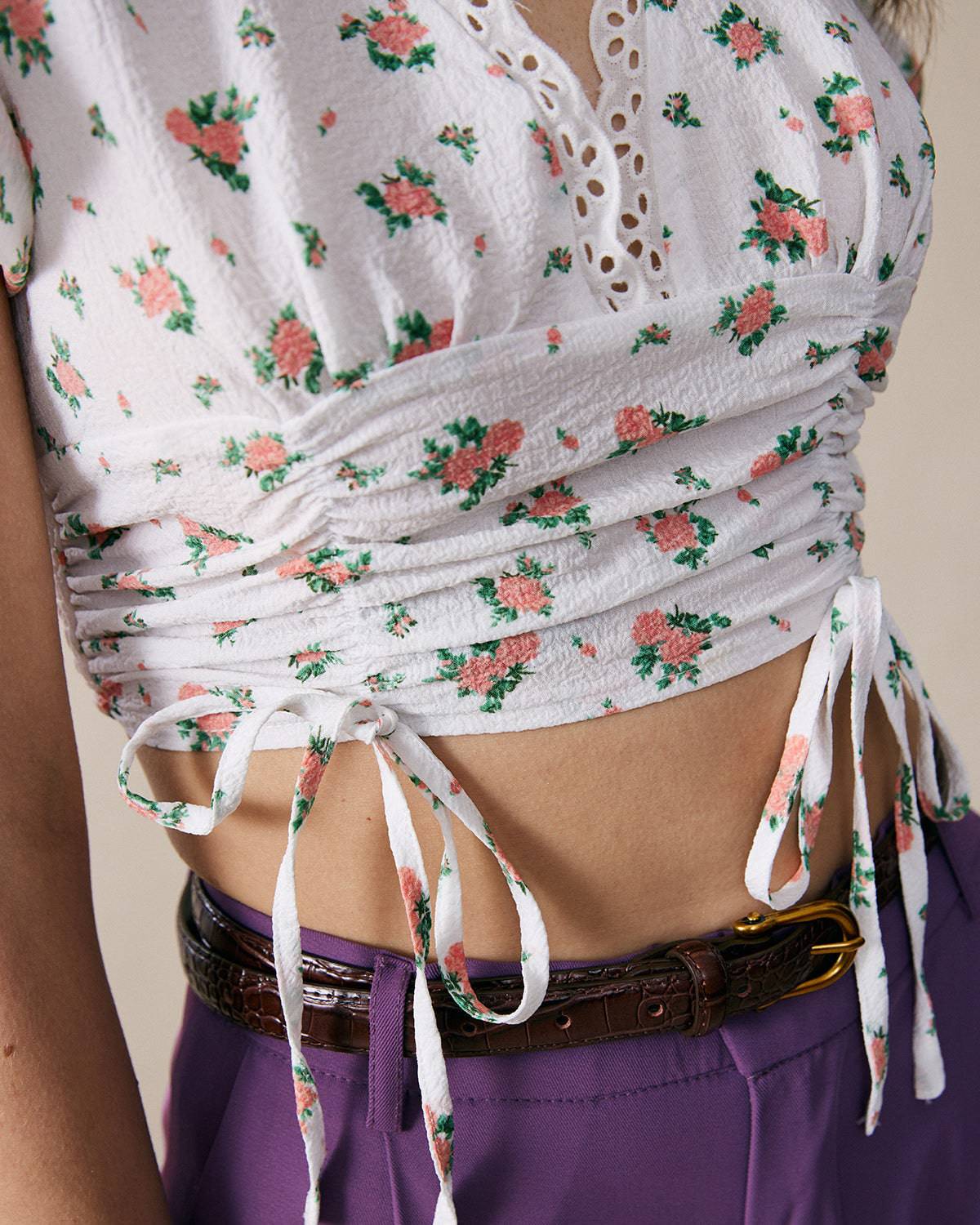 The Rose Print Drawstring Crop Blouse