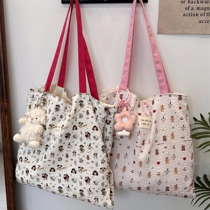 4431 Cute Sweet Printed Puppy Double Layer Canvas Bag Summer New Large Capacity Casual Portable Shoulder Bag