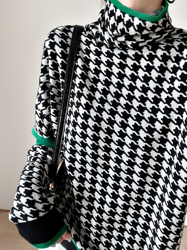 Long Sleeves Loose Contrast Color Houndstooth High Neck Pullovers Sweater Tops