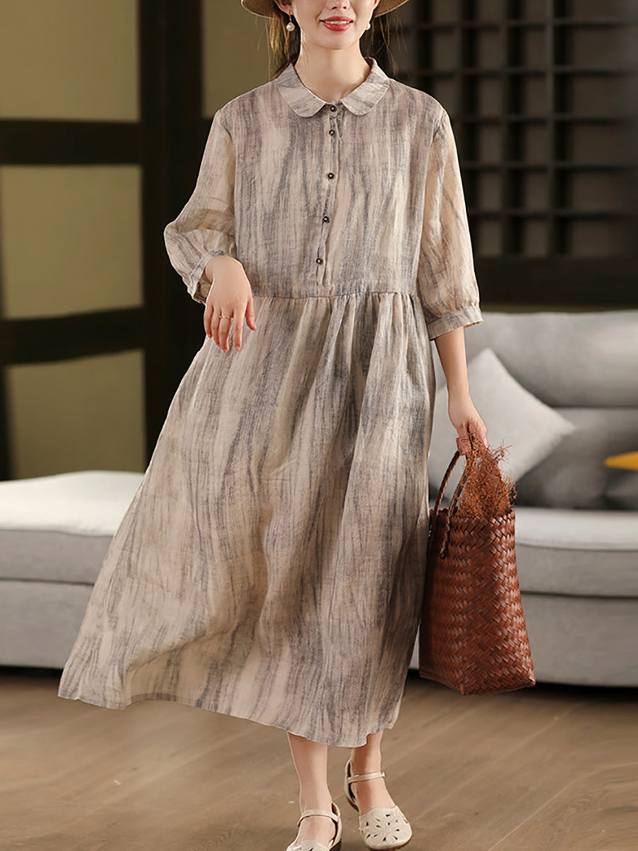 Women Summer Vintage Turn-down Collar 100%Ramie Dress