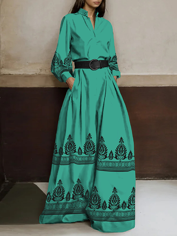 Long Sleeves Loose Buttoned Pleated Pockets Printed Stand Collar Jumpsuits