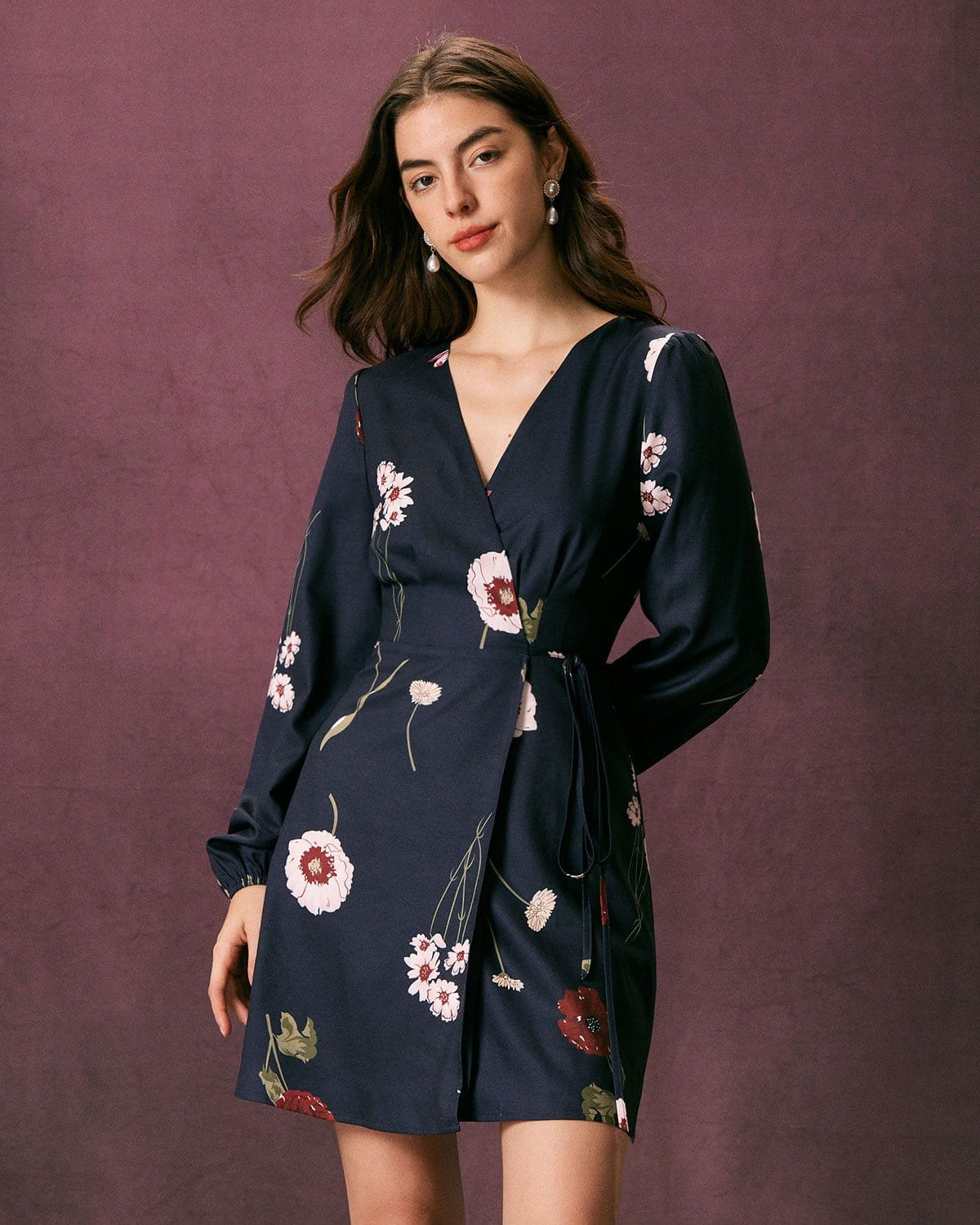 The Navy V Neck Floral Tie Wrap Mini Dress