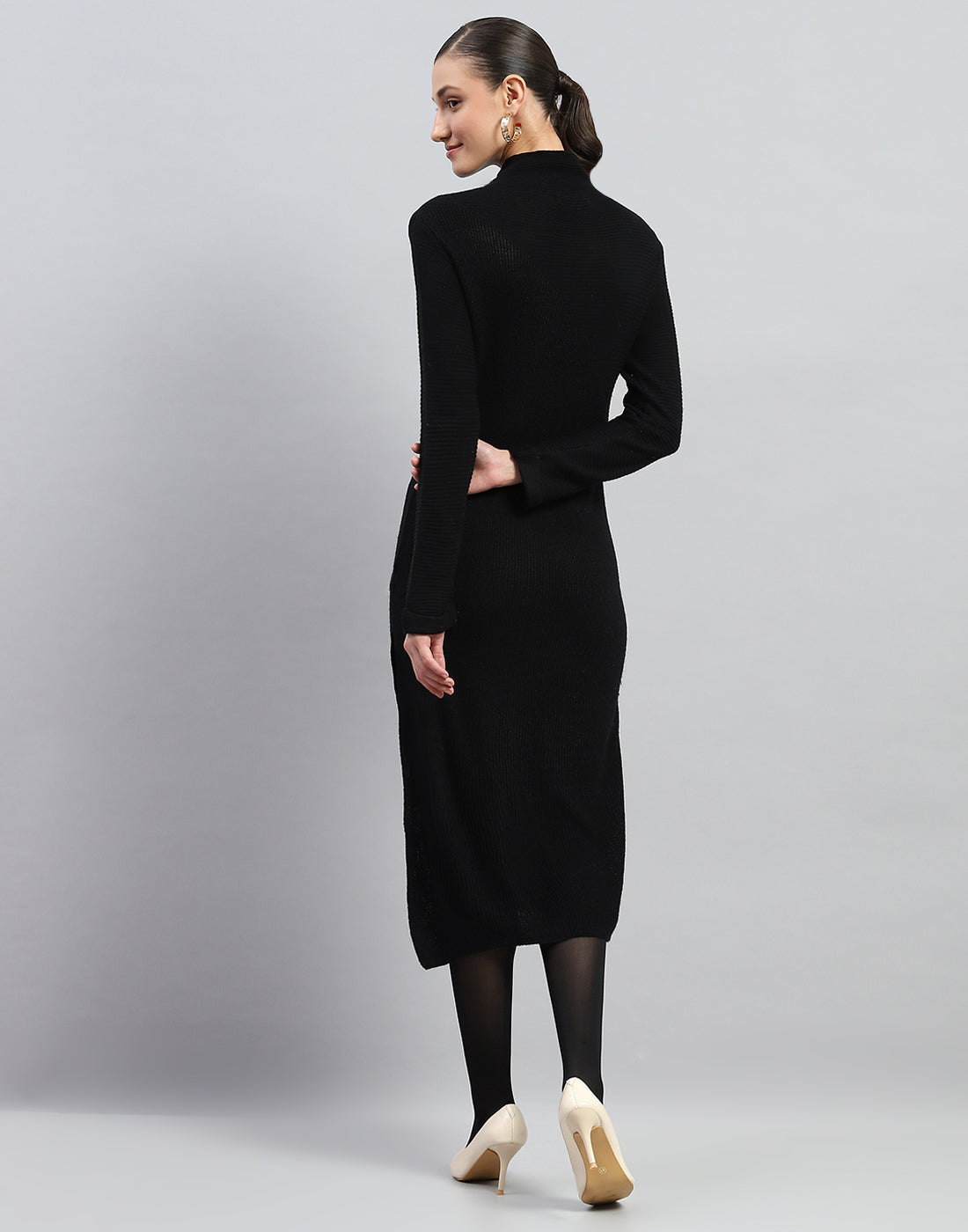 Women Black Self Design Turtle Neck Full Sleeve Dress