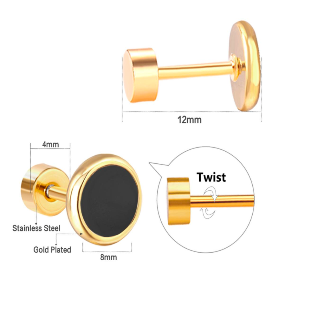 8mm Black circle studs - Gold