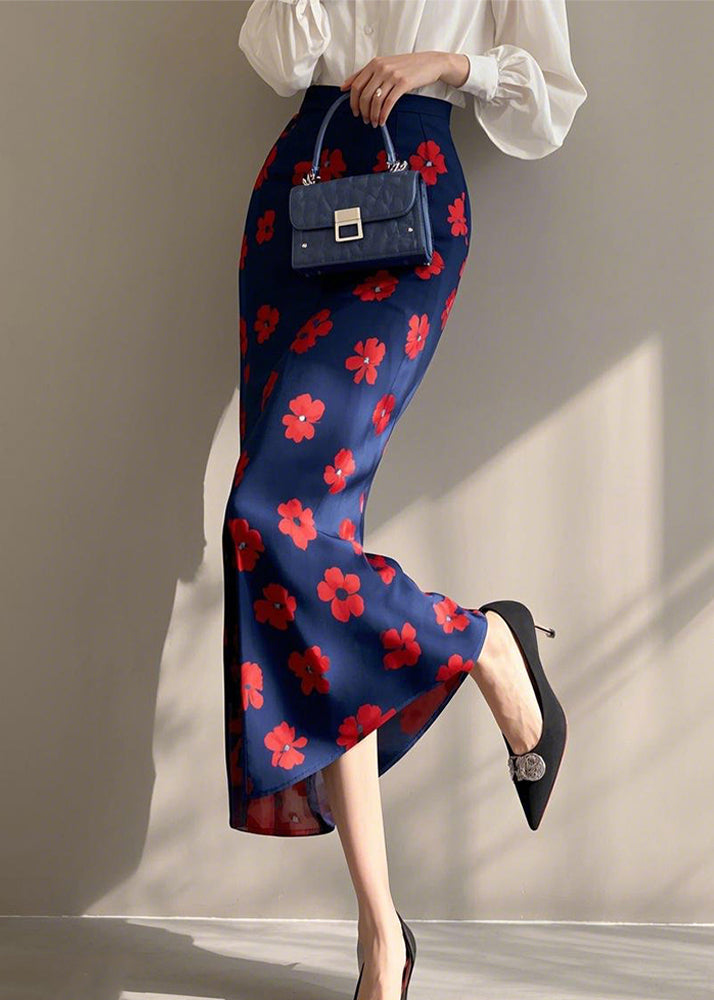 Fashion Blue Print High Waist Cotton Skirt Spring