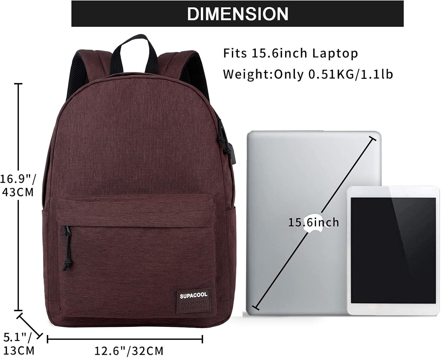 SUPACOOL Casual Laptop Backpack for Men and Women, School Backpack for Boys and Girls, College Bookbag, USB Charging Port, Lightweight Back Pack(Black)