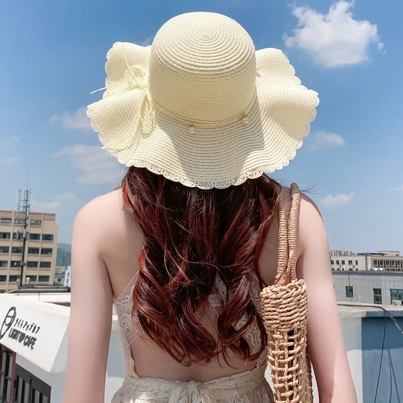 Women's Sweet Pastoral Color Block Bowknot Side Of Fungus Straw Hat