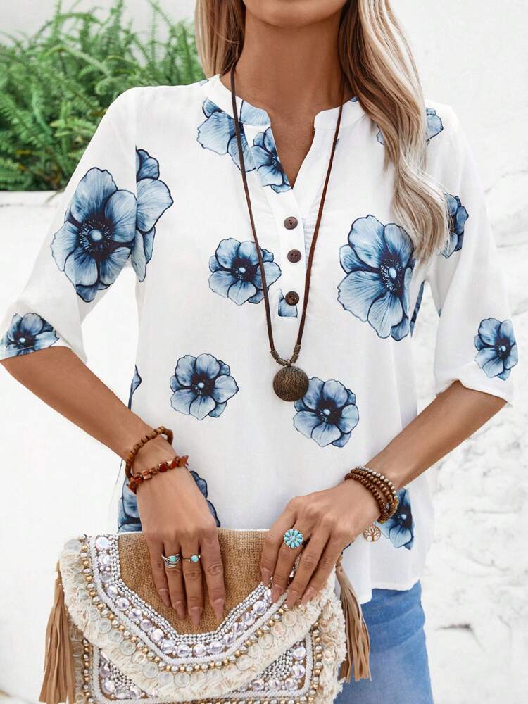 Women's Vacation Floral Printed Notch V-Neck Half Sleeve Loose Shirt. Summer