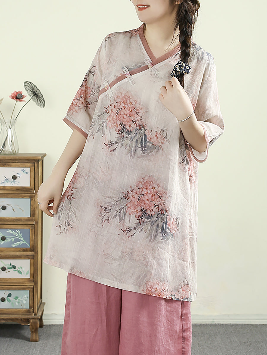 Women Summer Ethnic V-Neck Flower 100%Ramie Shirt