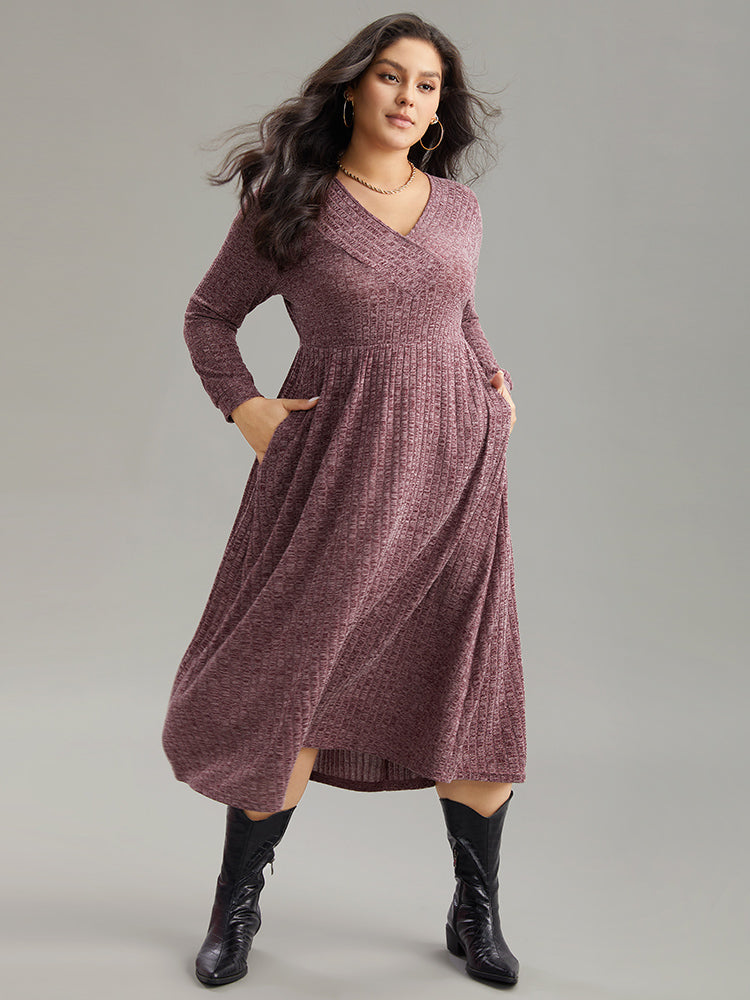 Rib Knit Plain Plisse Long Sleeve Dress