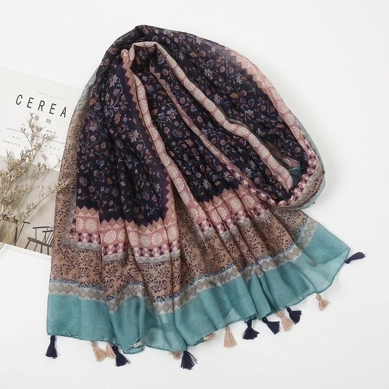 Women'S Sweet Flower Cotton And Linen Tassel Scarf