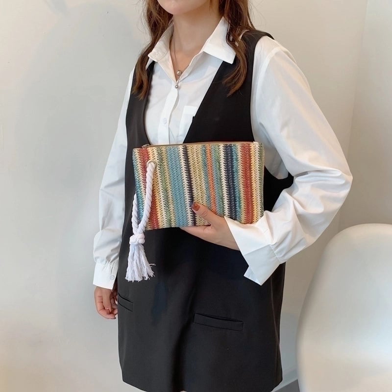 White Brown Green Straw Stripe Square Evening Bags