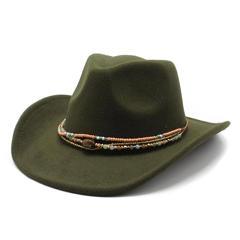 New Curling Cowboy Hat Western Ethnic Style Tibetan Felt Hat Colorful Bead Rope Accessories Knight Hat Fashion