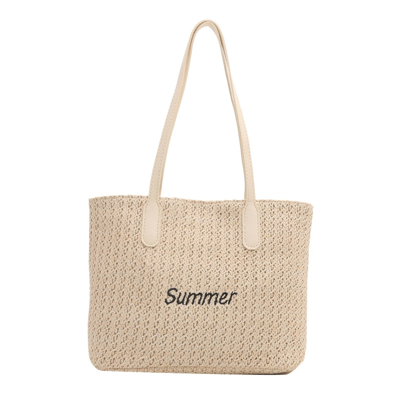 Women's Medium Straw Letter Vacation Beach Weave Zipper Straw Bag