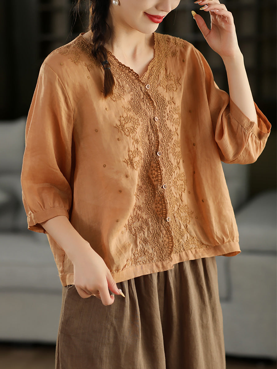 Women Summer Vintage Embroidery V-neck 100%Raime Shirt