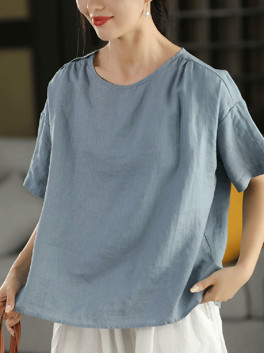 Women Summer Artsy Pure Color O-Neck 100%Linen Shirt