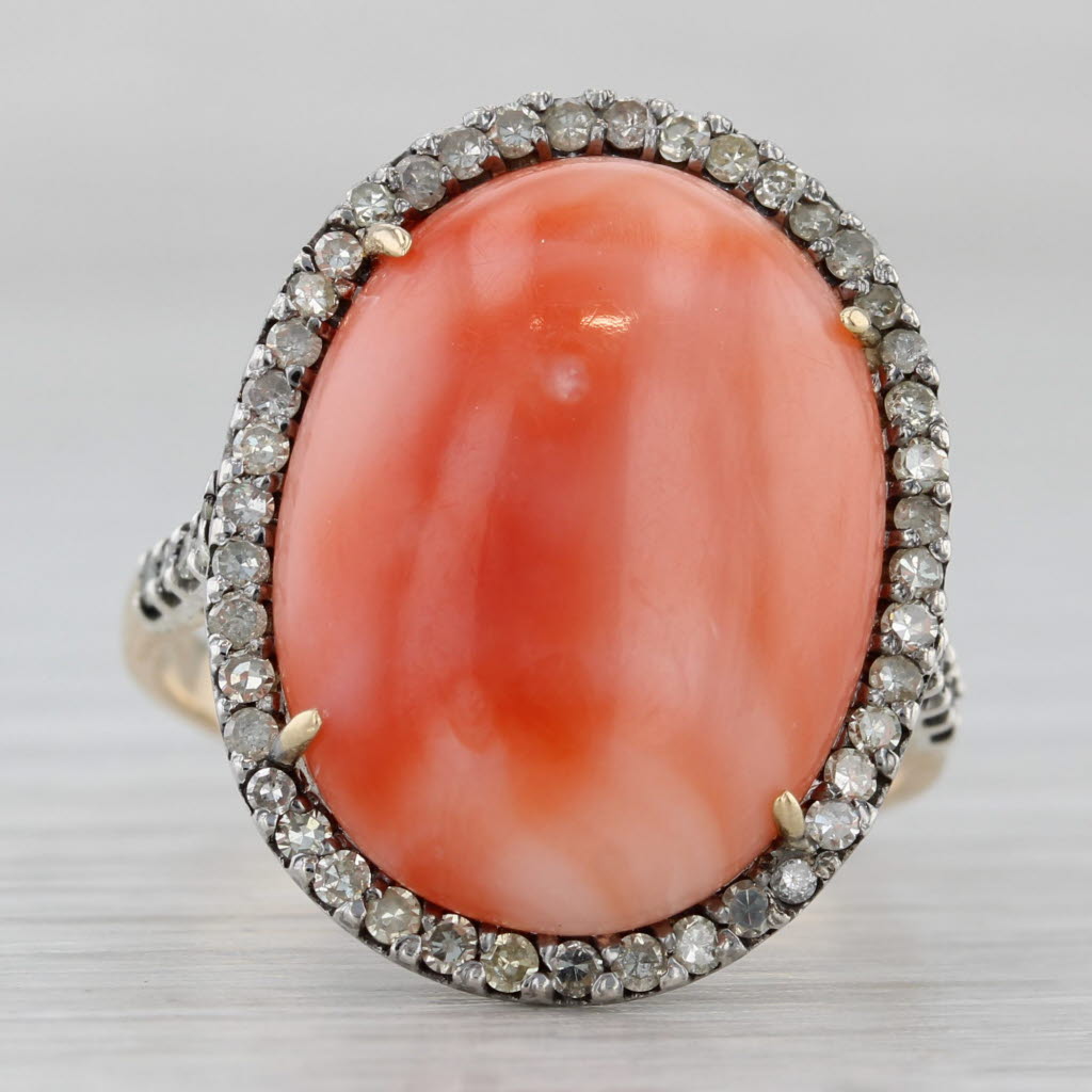 Coral Cabochon Diamond Halo Ring 14k Yellow Gold Silver Size 8
