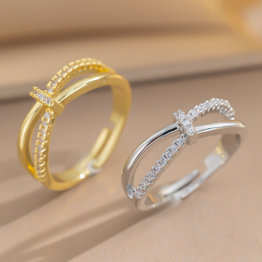 Micro-Diamond Cross-Twisted Ring Female Style Personality Open Niche Design Ring