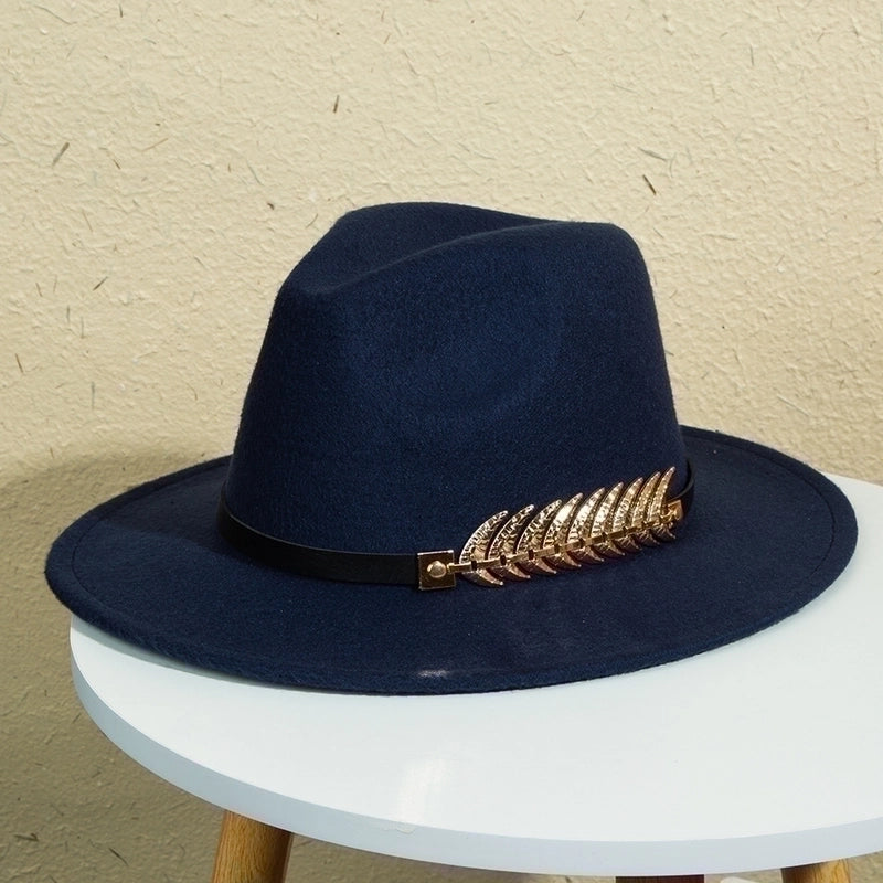 Unisex Retro Classic Style Leaves Solid Color Belt Buckle Wide Eaves Fedora Hat