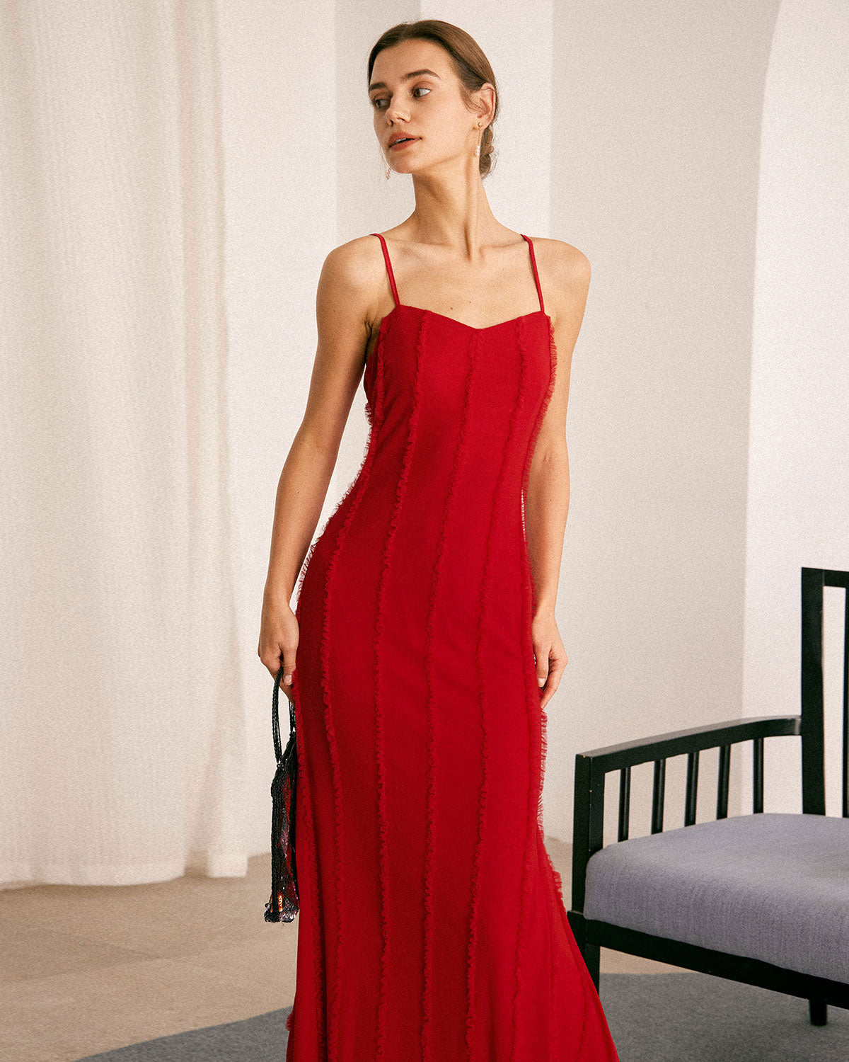 The Red Sweetheart Neck Ruffle Slip Maxi Dress