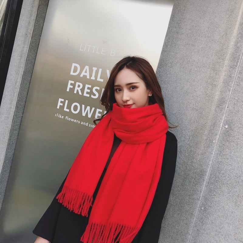 Big Red Scarf Thickened Cashmere Scarf Solid Color Women's Winter Explosions Cashmere Scarf Women's Wool Shawl