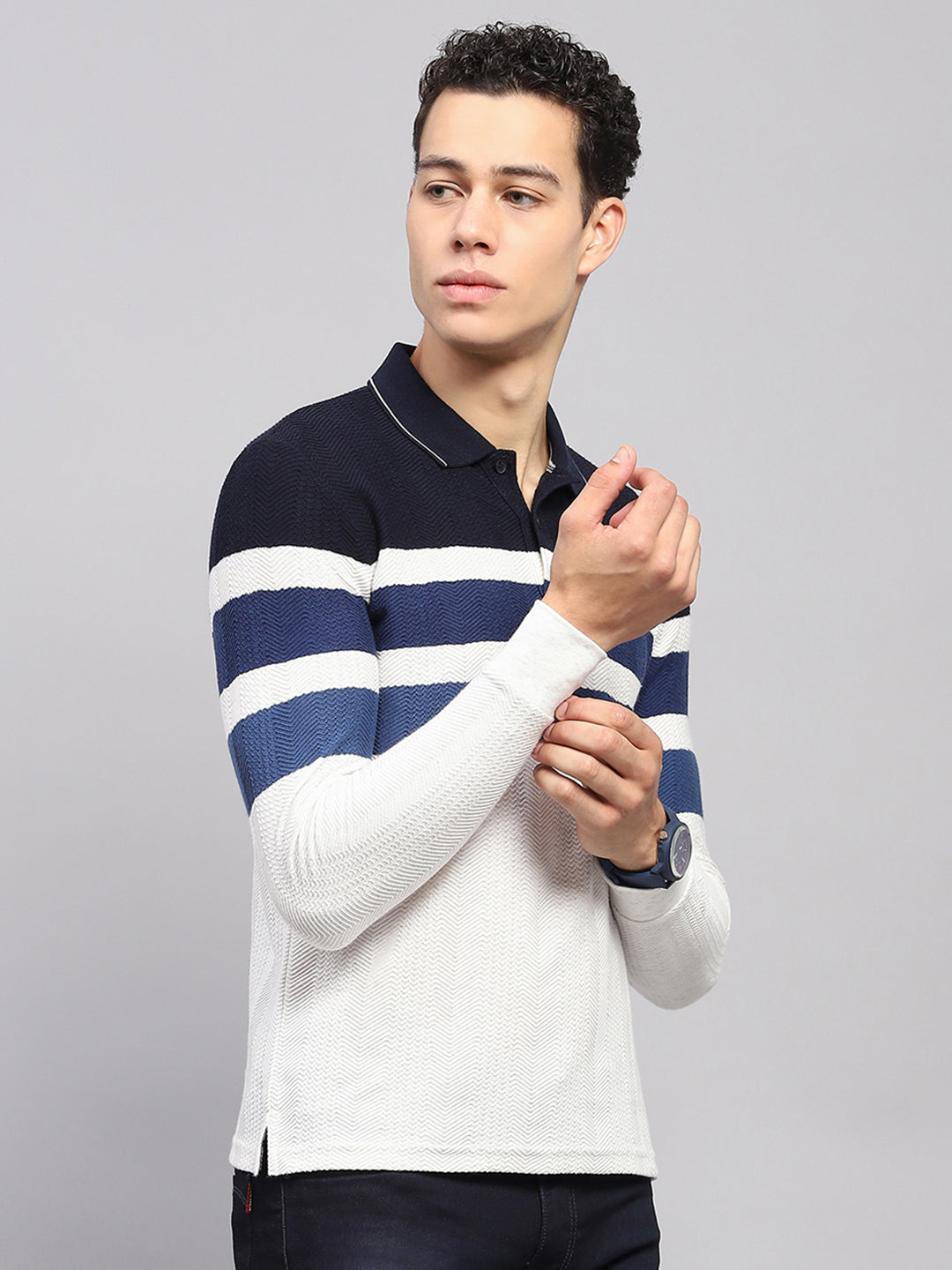 Men White & Blue Stripe Collar Full Sleeve Winter T-Shirt