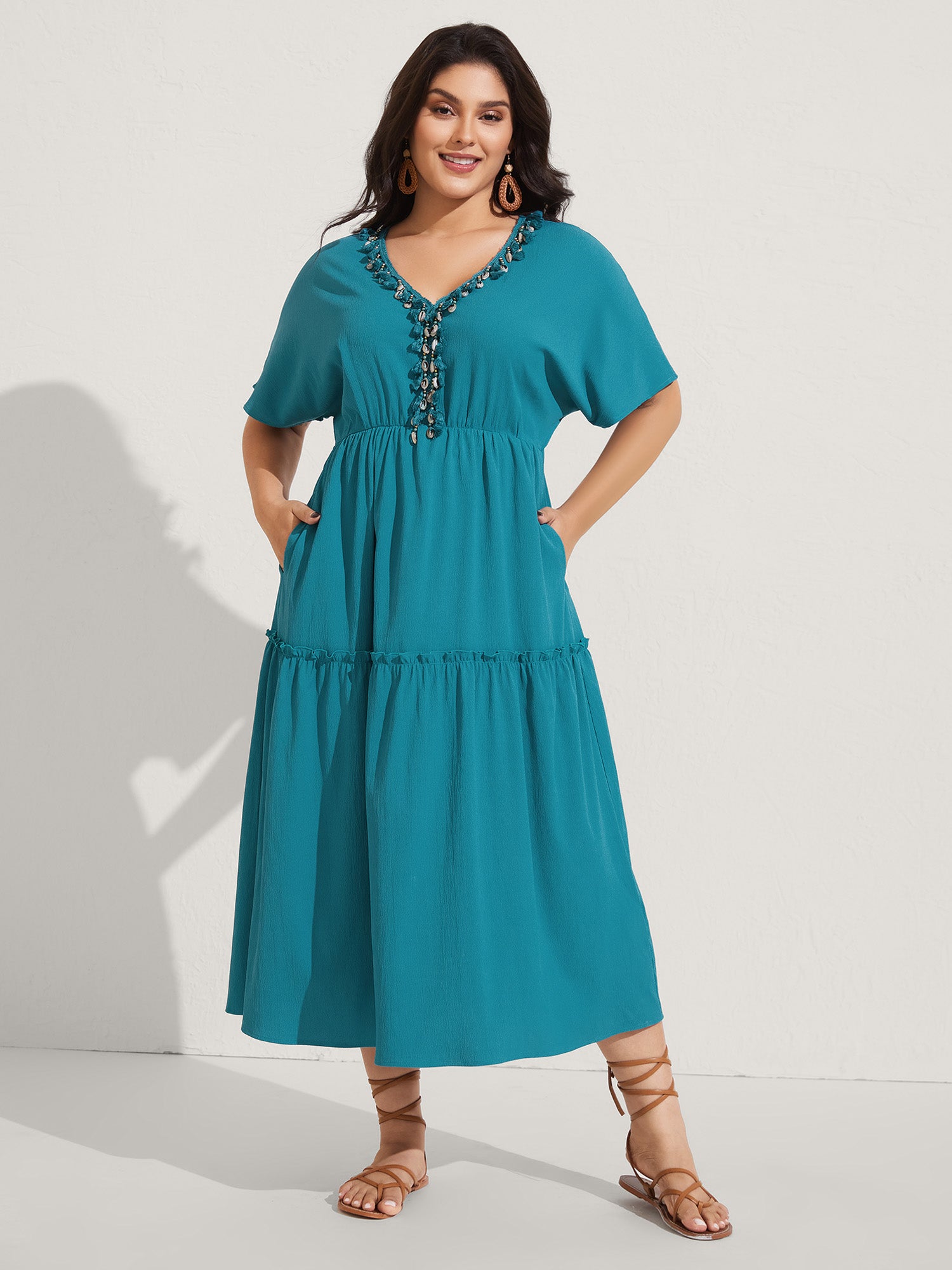 Collar Seashells Tassels Tiered Maxi Dress