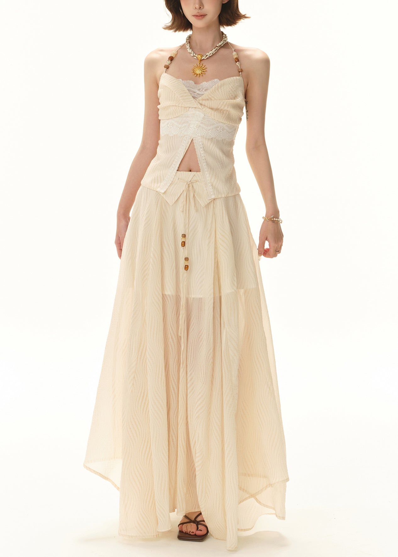 Elegant Apricot Lace Tops And Skirts Patchwork Two Pieces Set Sleeveless