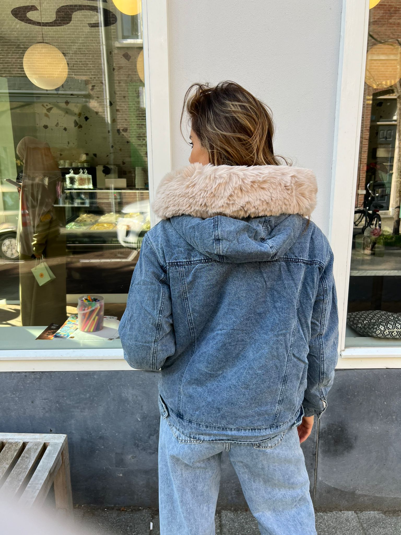 Denim Fake Fur Capuchon Jacket Blue