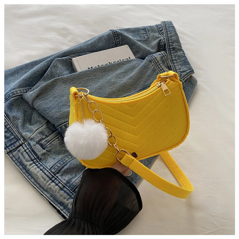 Women's Felt Solid Color Basic Fluff Ball Sewing Thread Dumpling Shape Zipper Shoulder Bag