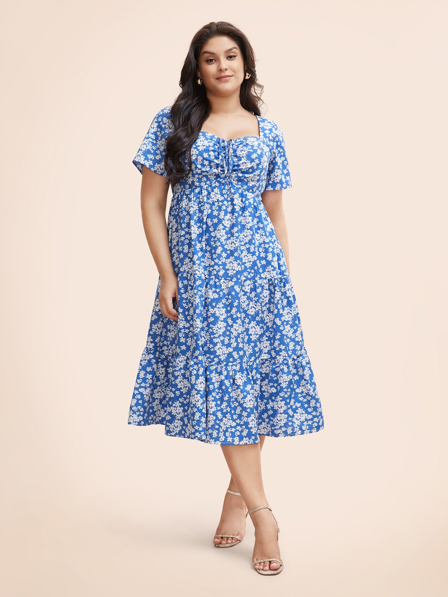 Ditsy Floral Heart Neckline Drawstring Dress