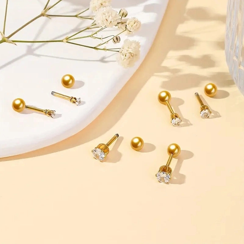 3 Pairs Minimalist Classic Style Geometric 304 Stainless Steel 18K Gold Plated Cartilage Earrings
