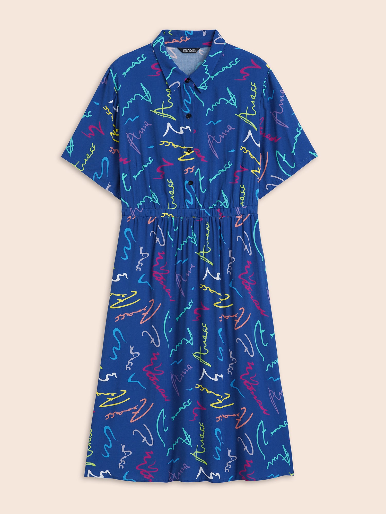 Scribble Print Elastic Waist Midi Shirt Dress