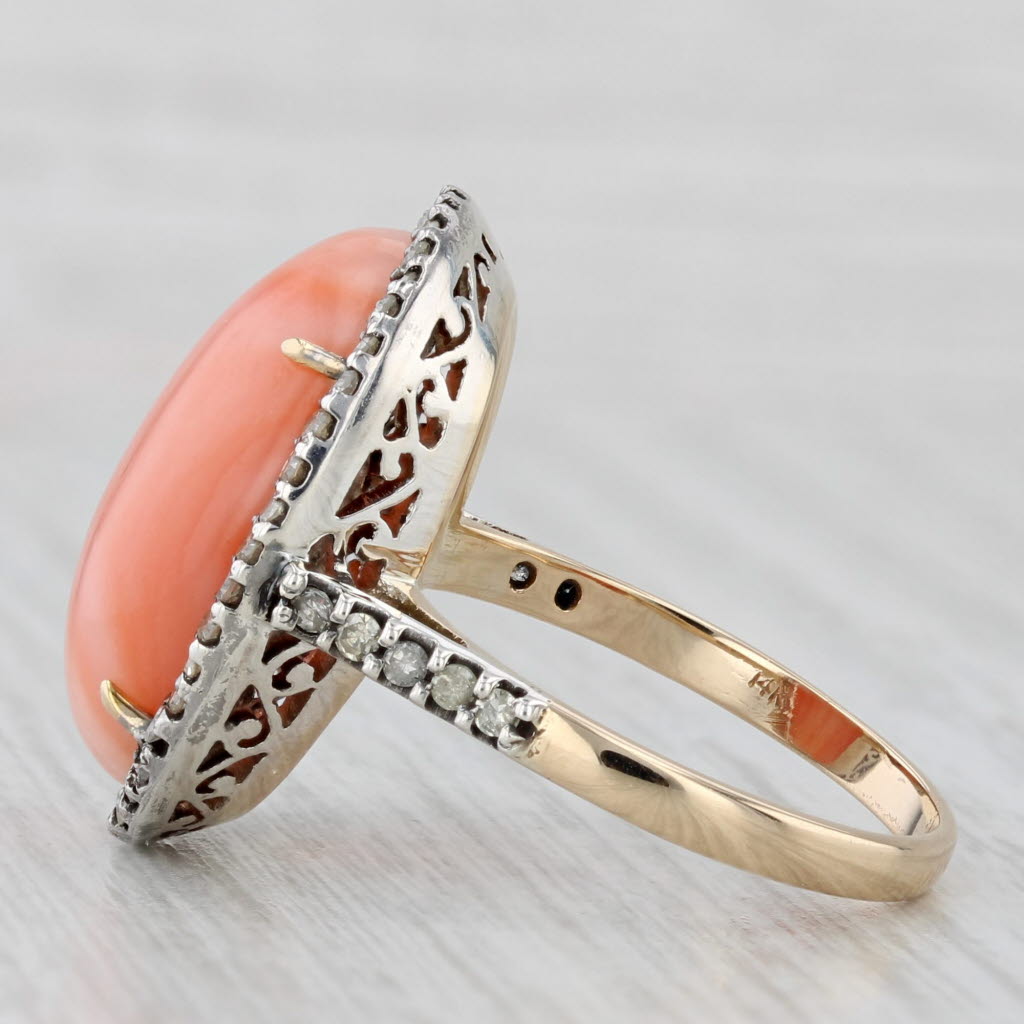 Coral Cabochon Diamond Halo Ring 14k Yellow Gold Silver Size 8
