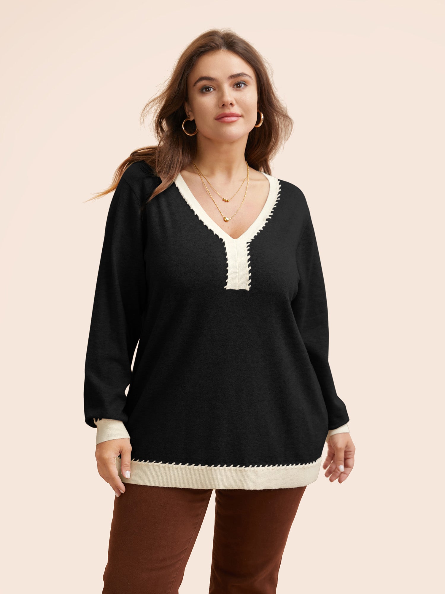 Supersoft Essentials V Neck Contrast Crochet Pullover