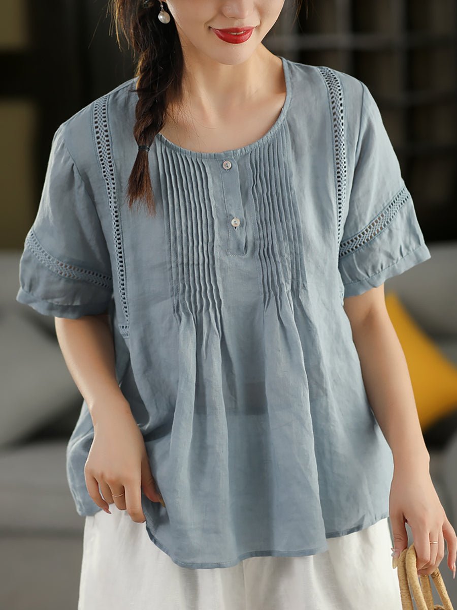 Women Summer Artsy Shirred O-Neck 100%Ramie Shirt